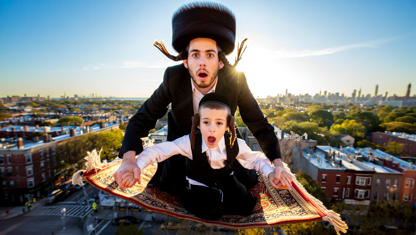 A man and a young boy with long side curls riding a flying carpet over a cityscape at sunset, both with surprised expressions.