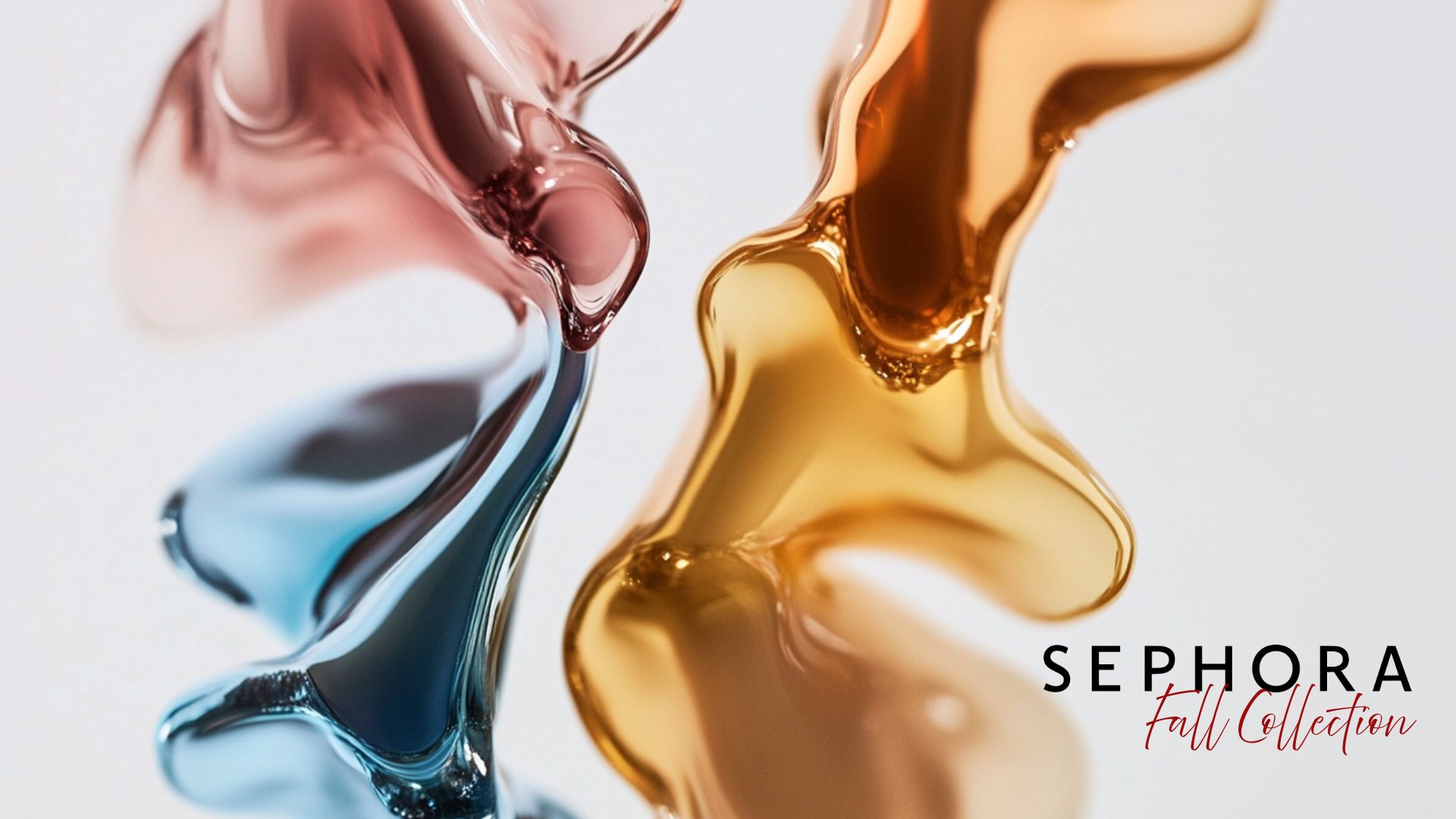 Close-up of colorful, glossy, abstract liquid splashes in pink, blue, and gold, with the words "SEPHORA Fall Collection" at the bottom right.