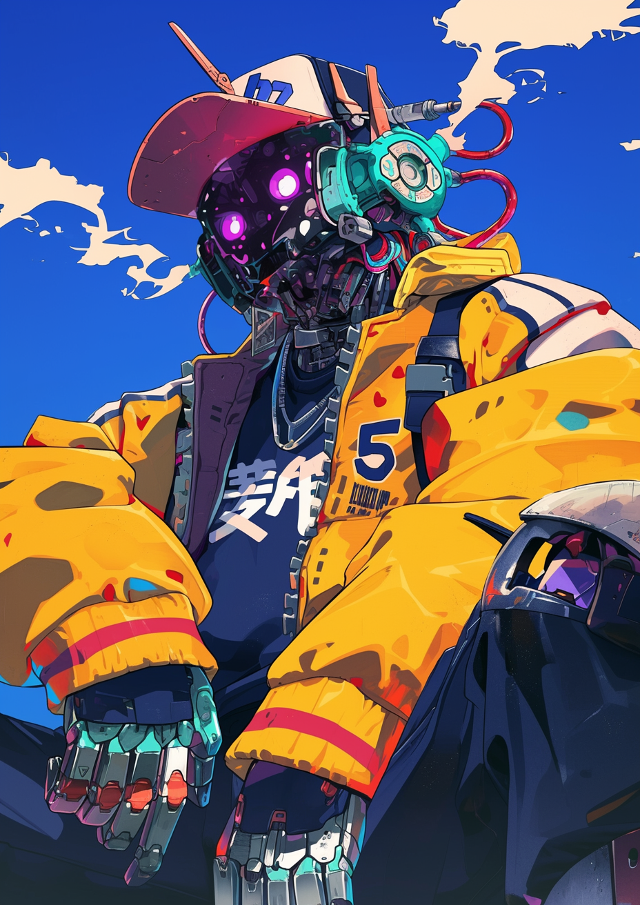A stylized digital illustration of a humanoid robot with a dark, glowing head and purple eyes, wearing a yellow jacket over a black shirt with white text, against a bright blue sky with white clouds, looking confident with one arm resting on their knee.
