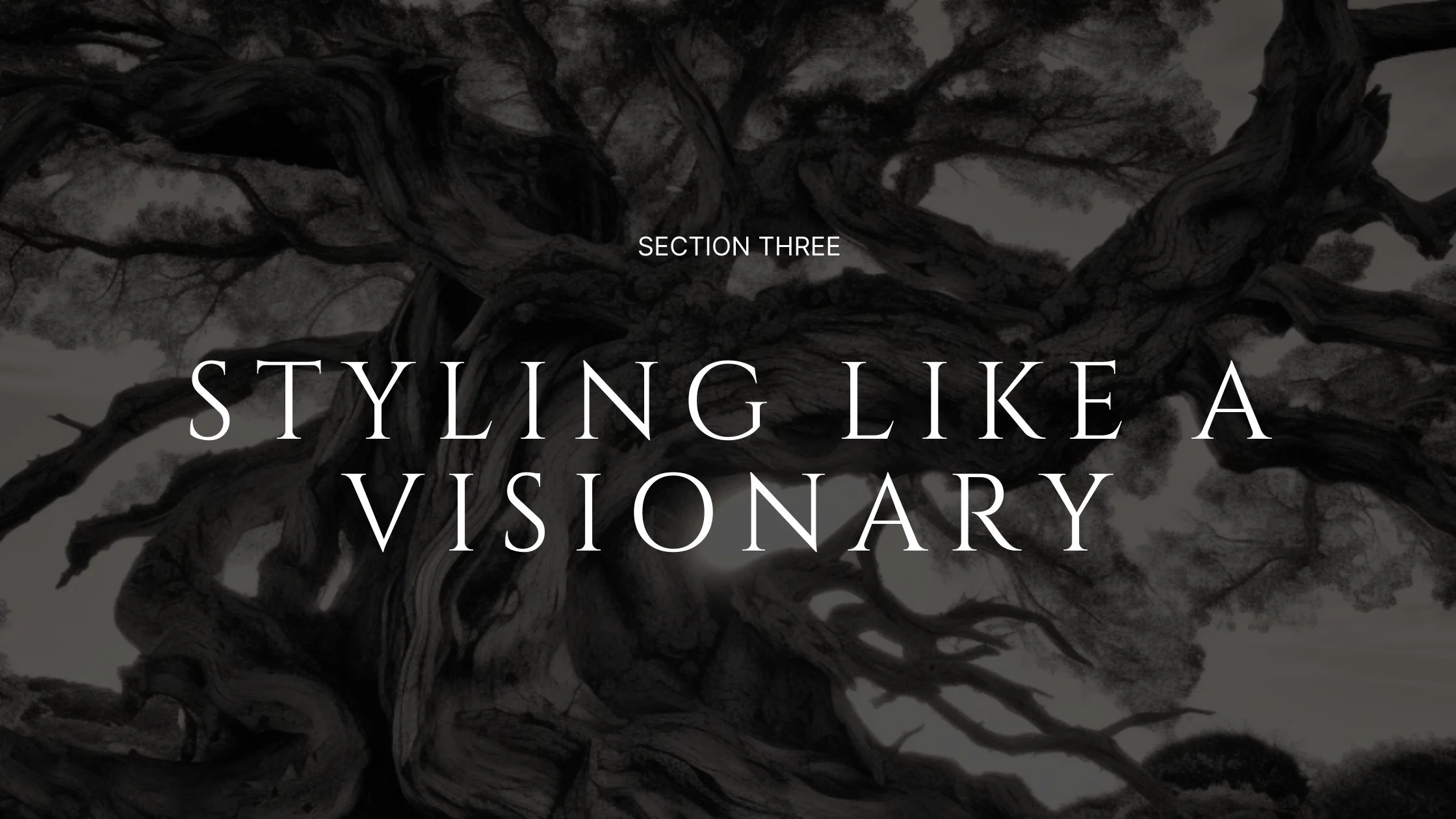 A black and white image of a twisted, ancient tree with sprawling branches, overlaid with text that reads 'Section Three Styling Like a Visionary'.