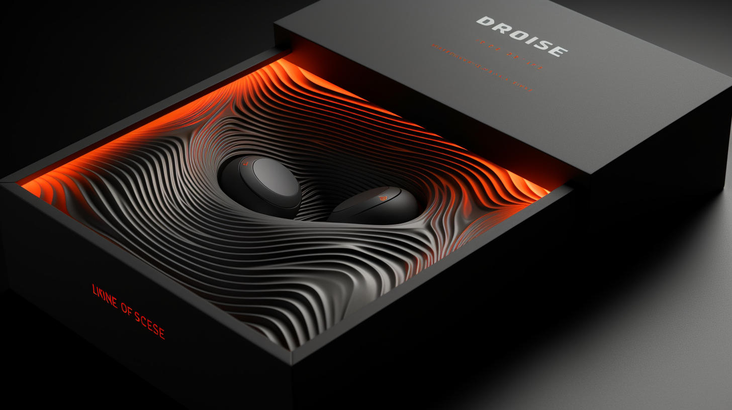 Black wireless earbuds in a sleek box with orange and black lines inside, with the word "DROISE" on the lid and the phrase "Line of Sces" on the side.