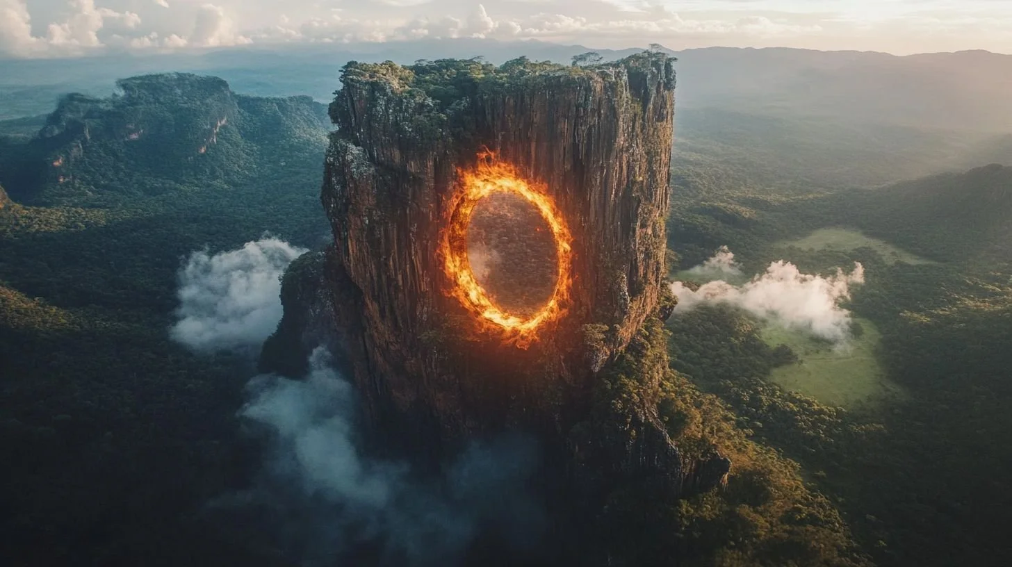 A tall, steep mountain with a fiery ring in its center, surrounded by clouds and lush green landscape, with mountains in the distance.