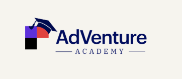 AdVenture Academy logo with stylized book and graduation cap.