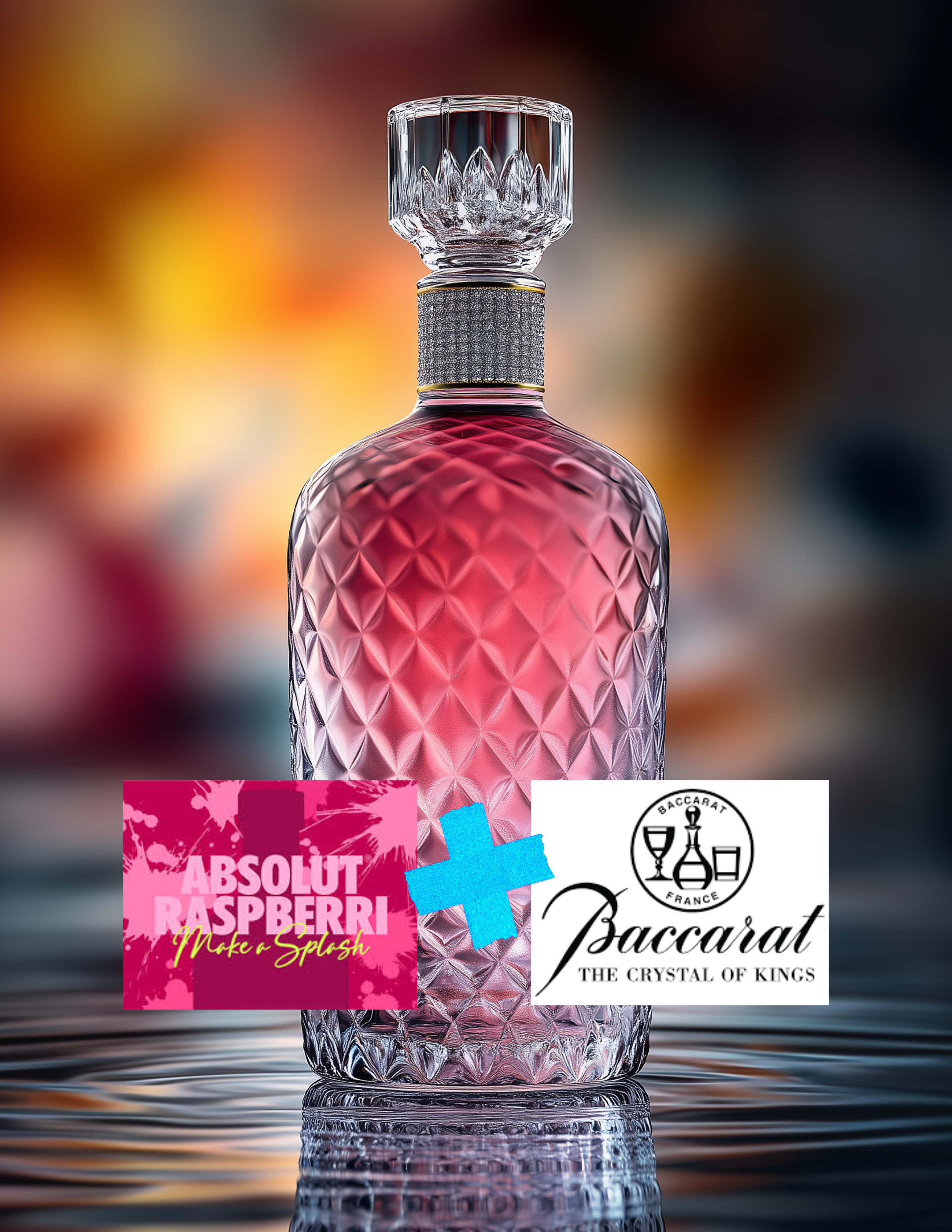 A decorative glass bottle with pink liquid and a faceted pattern, featuring logos for Absolut Raspberri and Baccarat, suggesting a raspberry-flavored vodka.