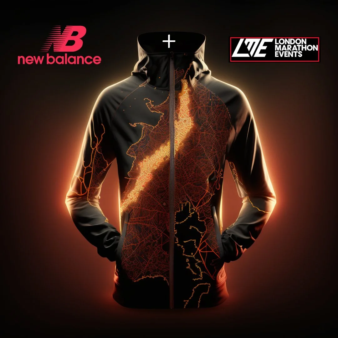 A black jacket with a fiery map of London printed on it, illuminated with orange and red glow. Logos of New Balance and London Marathon Events are in the top corners.
