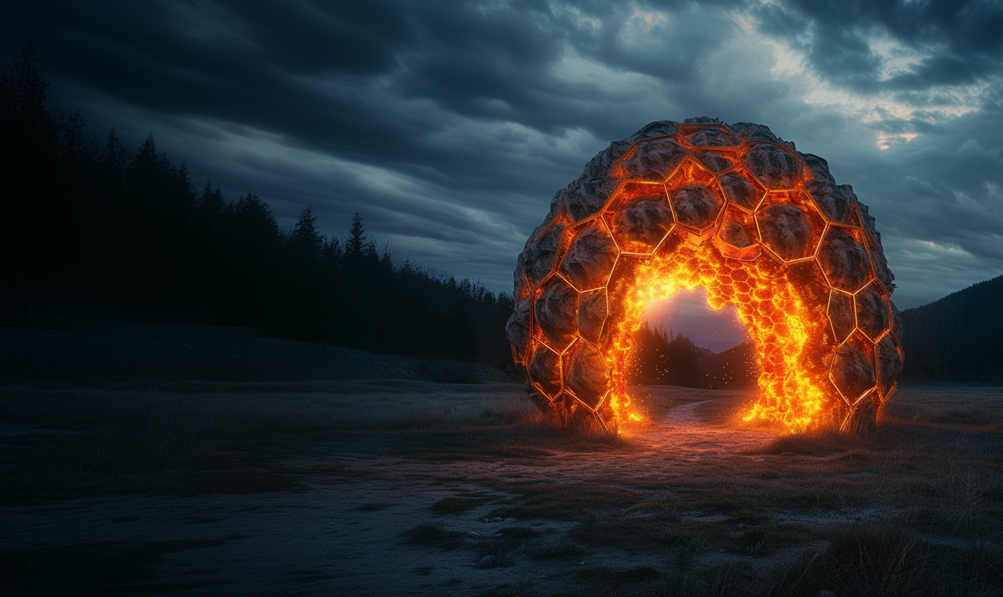 A large, glowing, fiery, spherical structure with a fiery tunnel opening in a landscape with dark cloudy skies.
