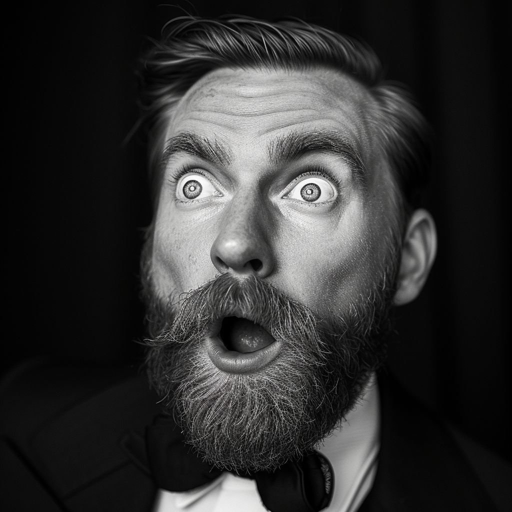 Black and white photo of a man with wide eyes, surprised expression, and mouth open, emphasizing his beard and hair.