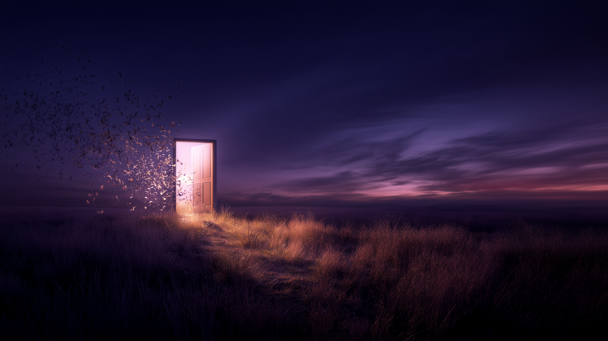 A door standing in a field opens to reveal a bright, glowing light, with birds flying away from it against a dark, colorful sky at dusk.