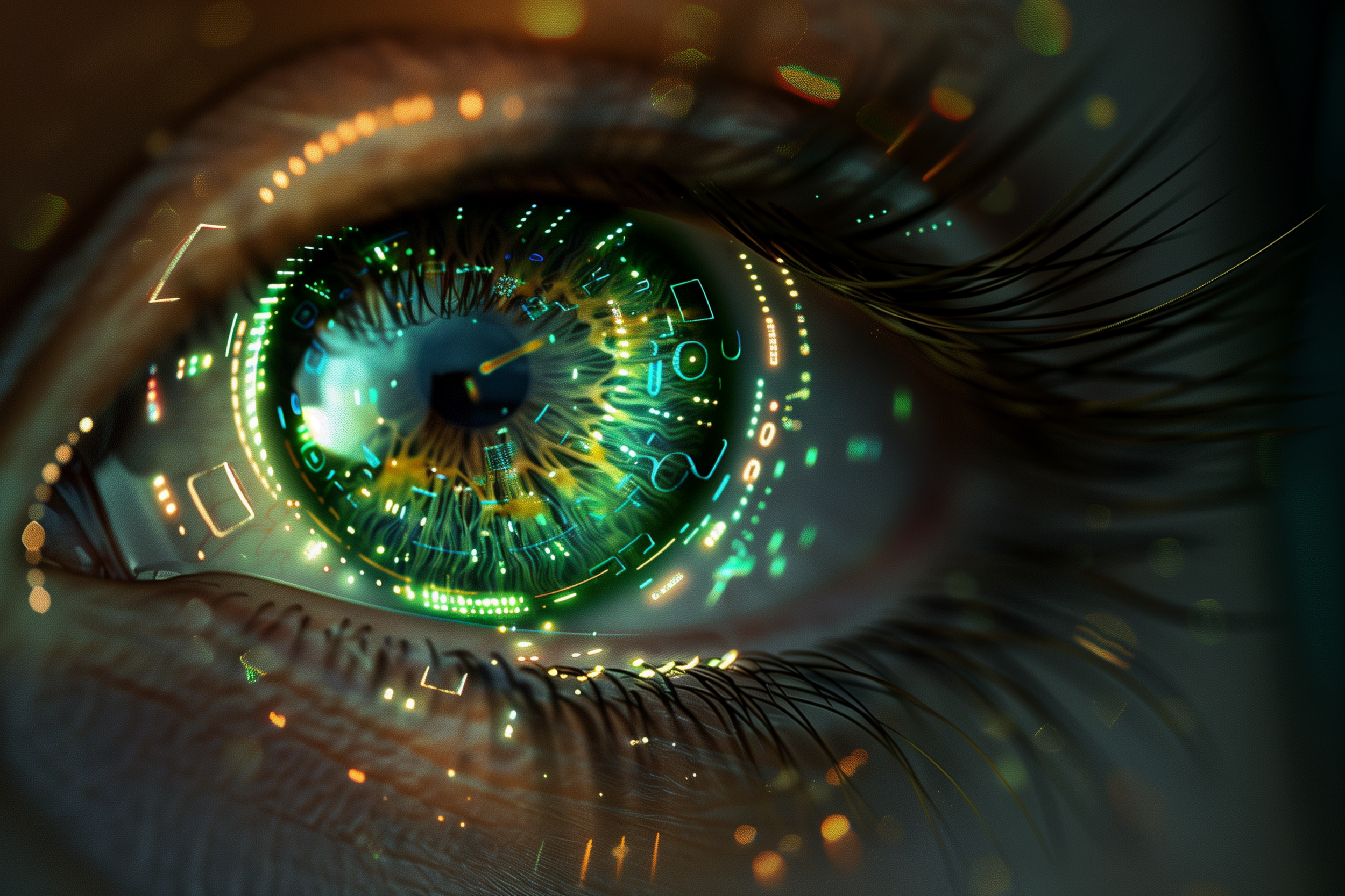 Close-up of a human eye with a digital, futuristic overlay of glowing, colorful interface elements around the iris, suggesting augmented reality or high-tech visual effects.