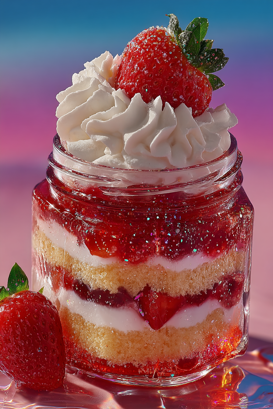 Strawberry shortcake in a glass jar with layers of sponge cake, strawberries, and cream, topped with whipped cream and a fresh strawberry.