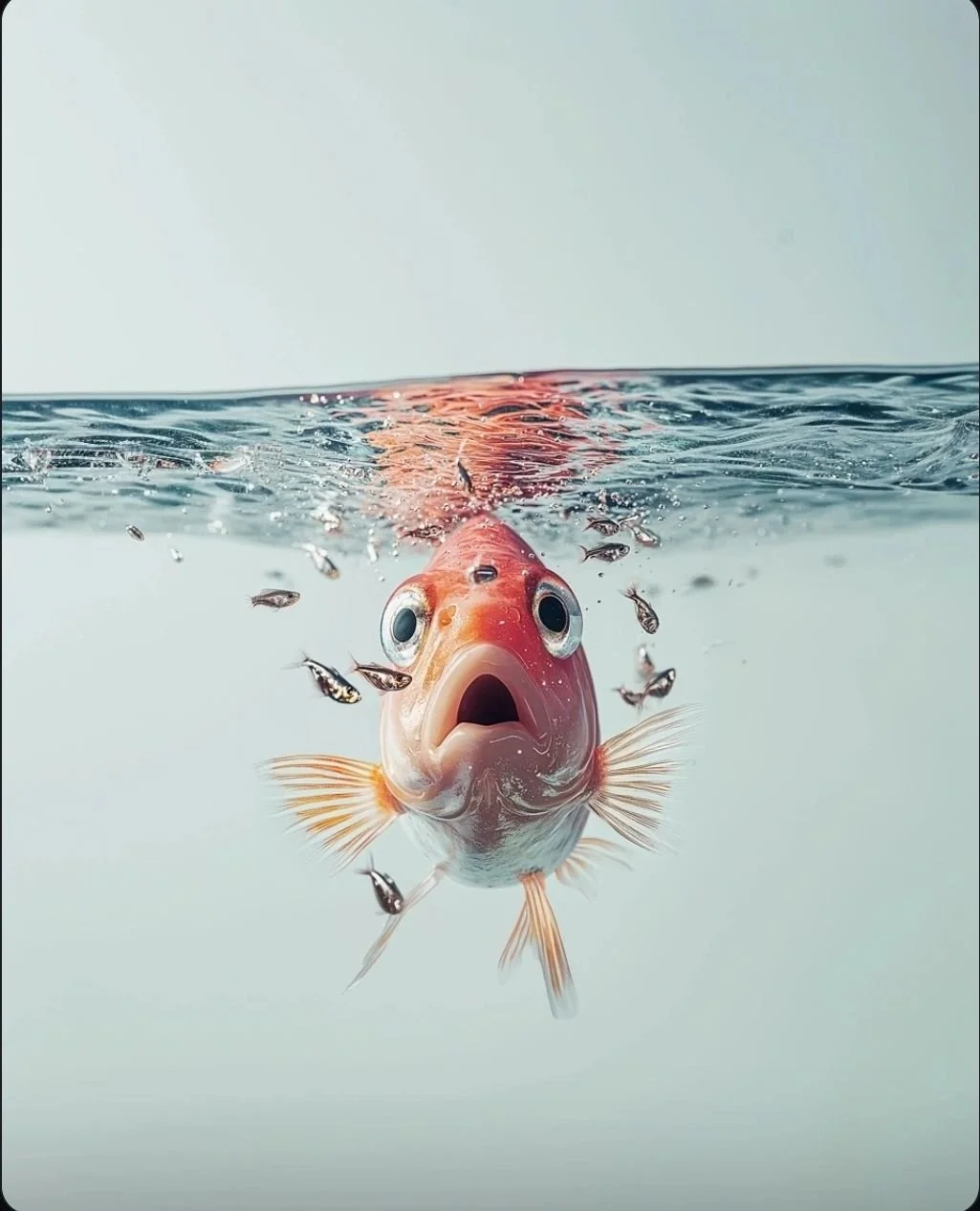 A goldfish with a surprised expression underwater, with small fish swimming around it.
