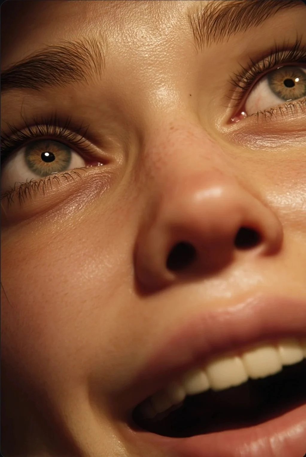 Close-up of a person's face showing brown eyes, nose, and mouth, with skin details and teeth visible.