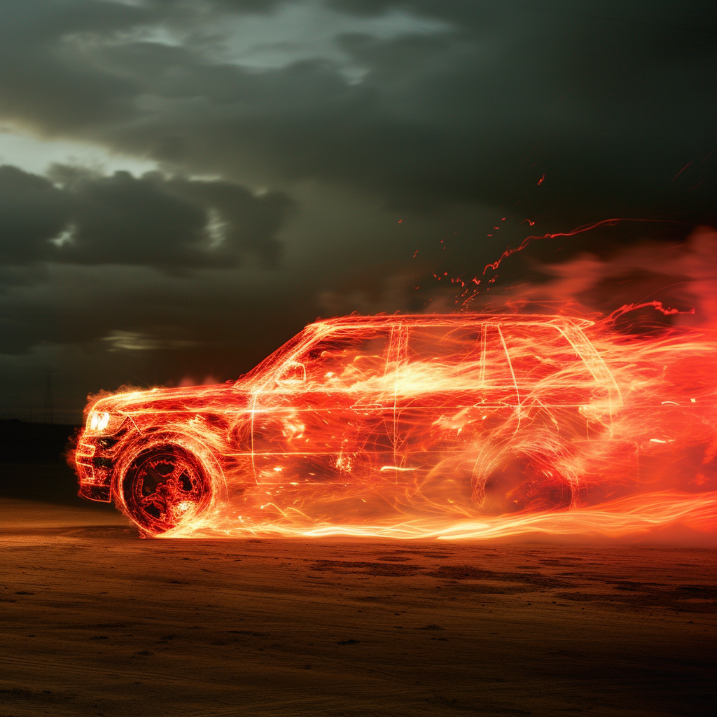 A car outline made of fiery red light trails on a dark landscape, with a dramatic cloudy sky in the background.