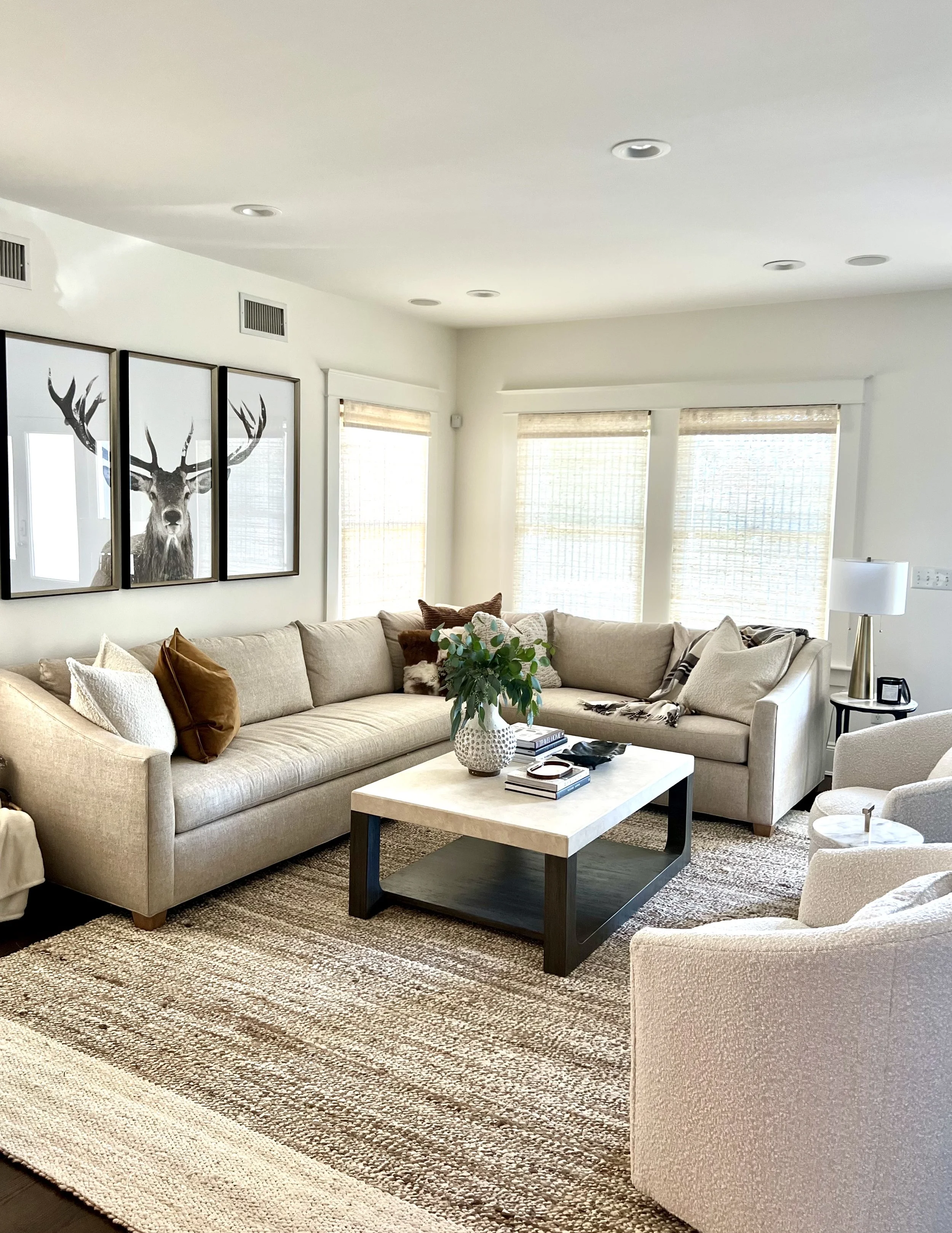 Modern living room featuring a beige sectional sofa with mixed pillows, a square coffee table with books and a vase of greenery, a large rug, and three framed deer portraits on the wall. Natural light filters through the window blinds.