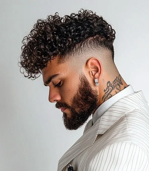 Side profile of a man with curly hair, beard, tattoos on neck, diamond earring, and wearing a light-colored striped shirt.