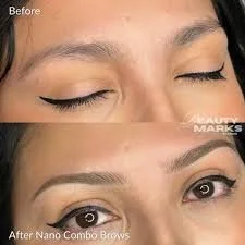 Close-up of a woman's eyes showing the 'before' and 'after' effects of nano combo brow treatment, with the after image highlighting defined eyebrows and makeup.