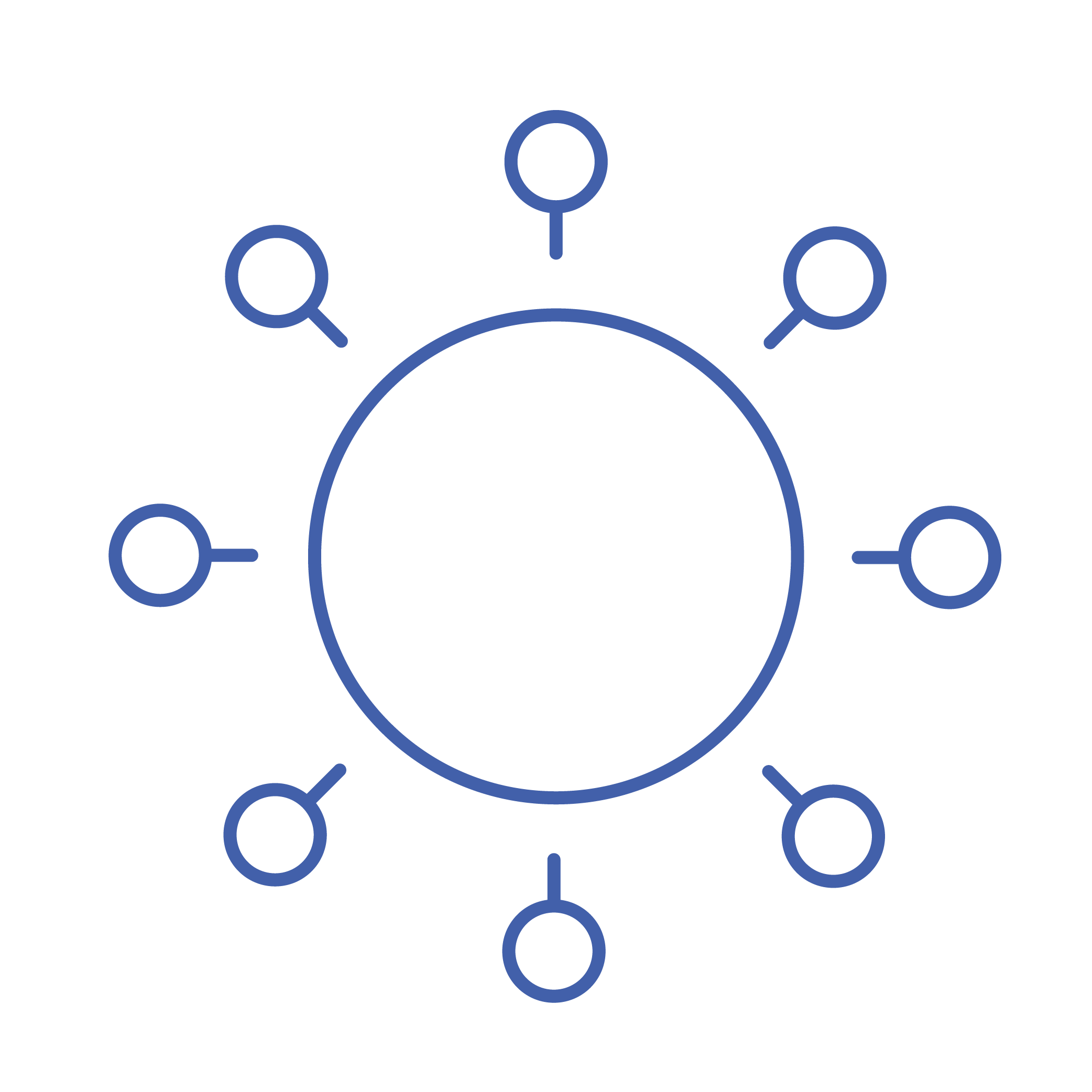 A diagram illustrating a network or system with interconnected nodes around a central element showing connection.