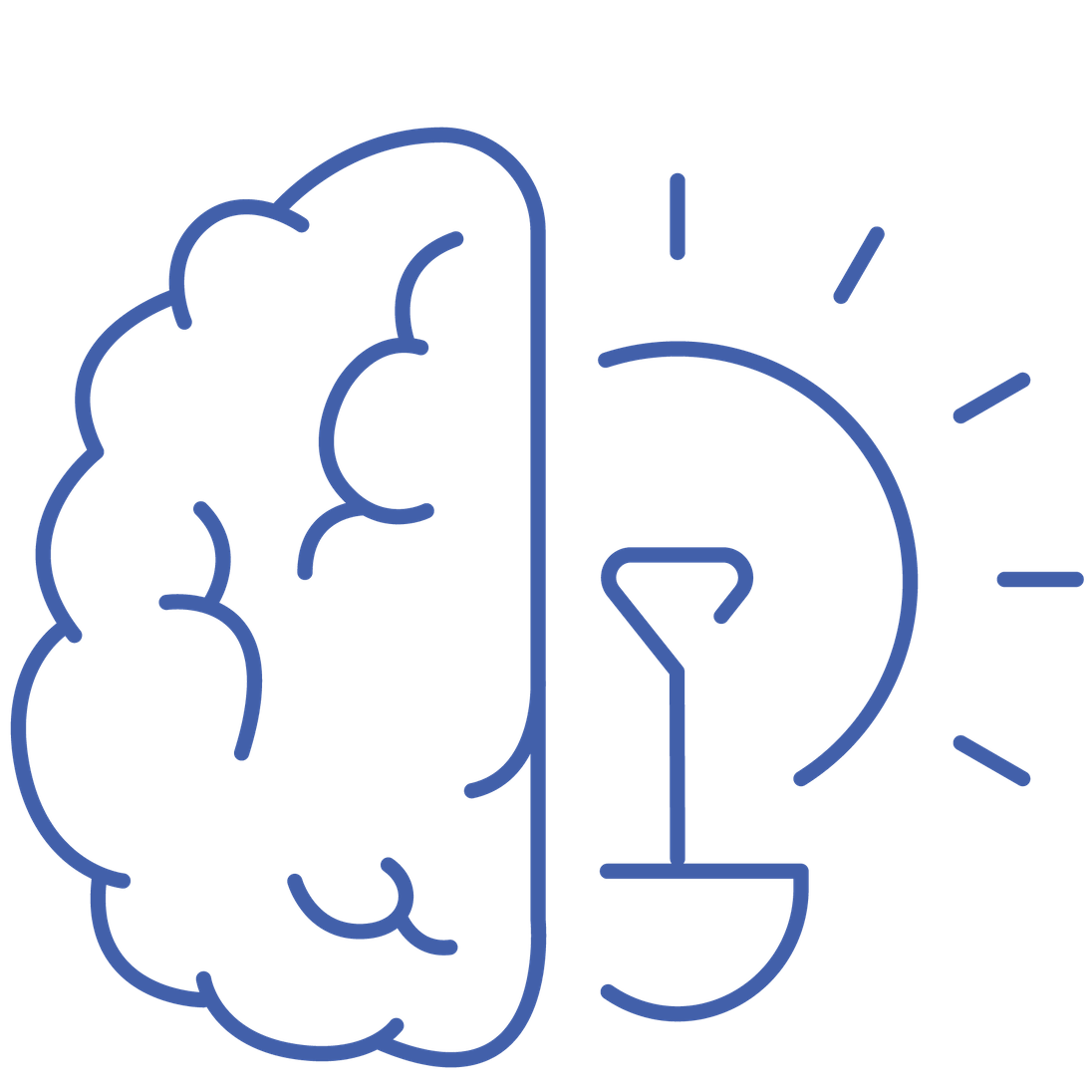 Line drawing of a human brain on the left side and a light bulb to represent wellbeing.