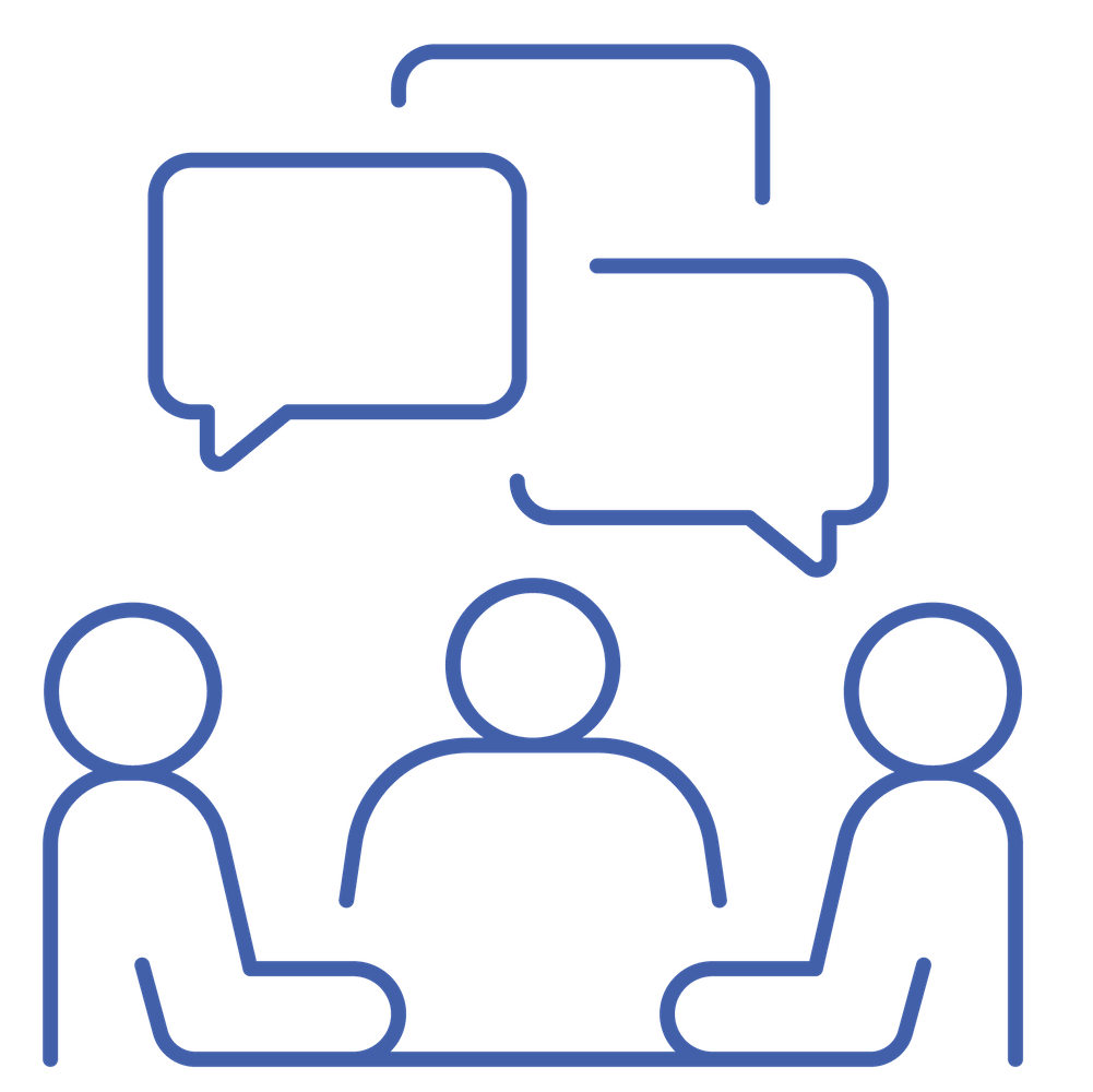 Outline illustration of three people conversing with speech bubbles above their heads. Training Icon.