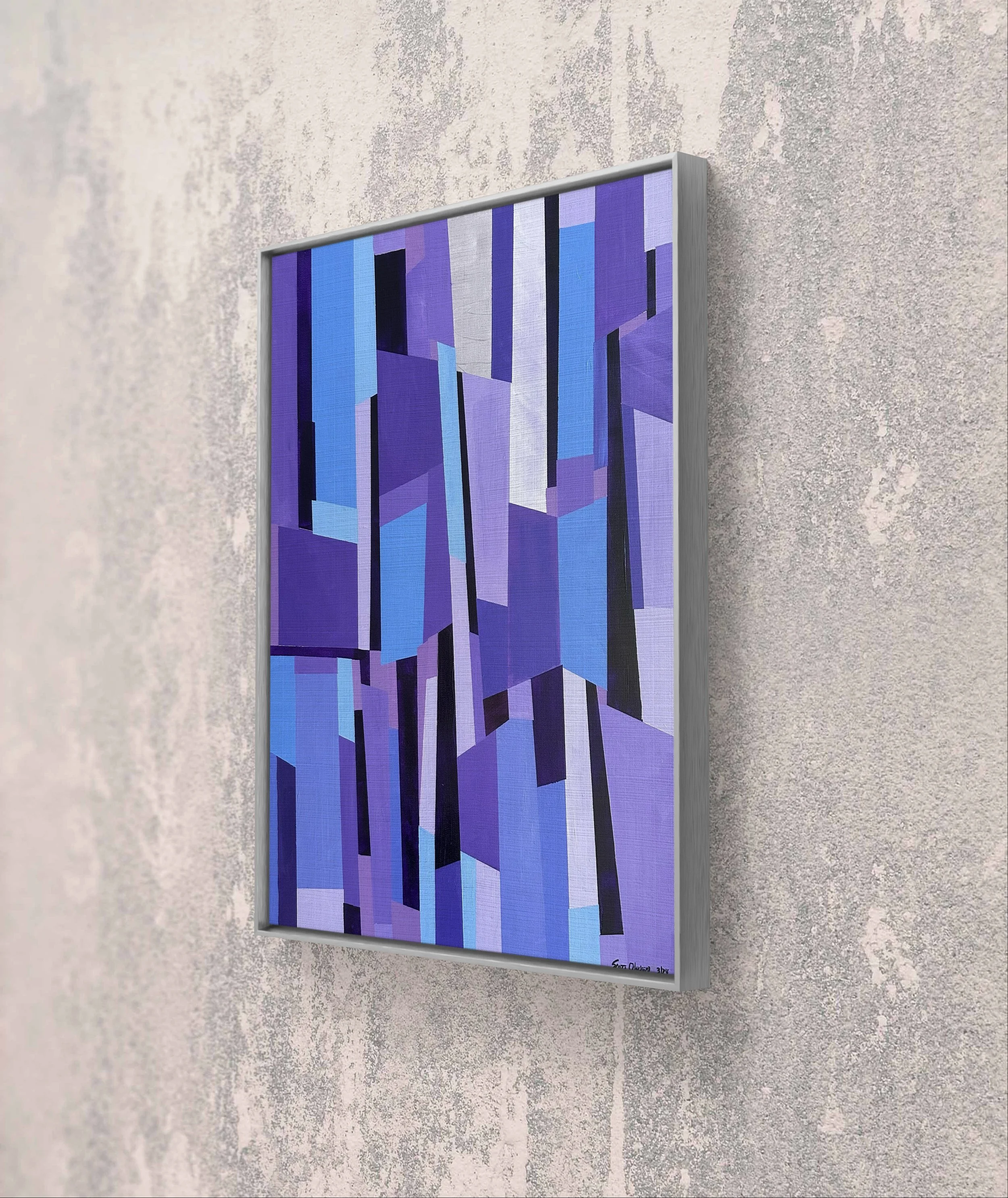 Shattered, 24"x30", geometric abstract acrylic on canvas by Scott Olmstead in Buffalo, N.Y. Gorgeous hard edge purple hues perfect for abstract art collectors.