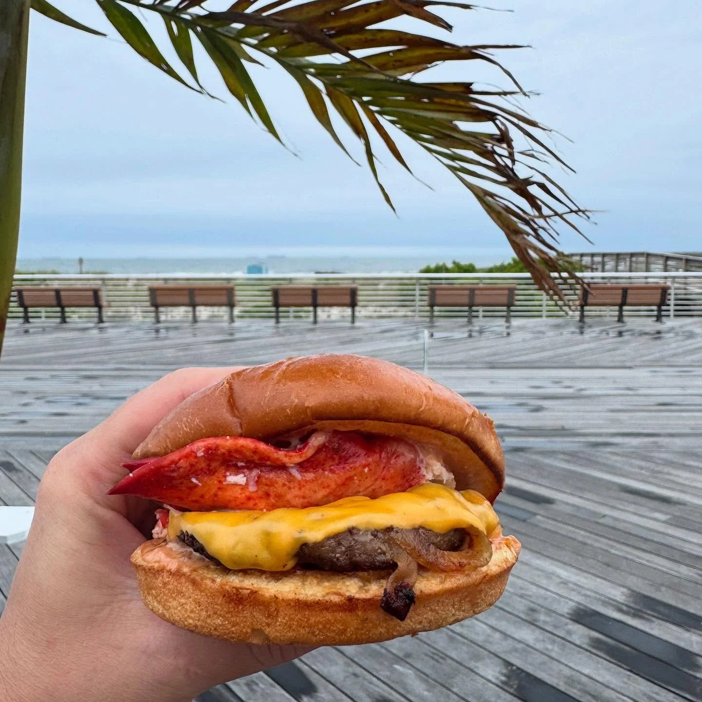 Drift in &amp; try our Driftwood burger 🍔🐄🦞 single patty with American cheese, saut&eacute;ed onion, lobster &amp; house sauce