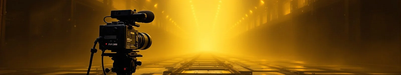 Professionele camera op tripoded, gericht op een gele, futuristische gang met glanzende vloeren en muren, met heldere verlichting die diepte en ruimte creëert.