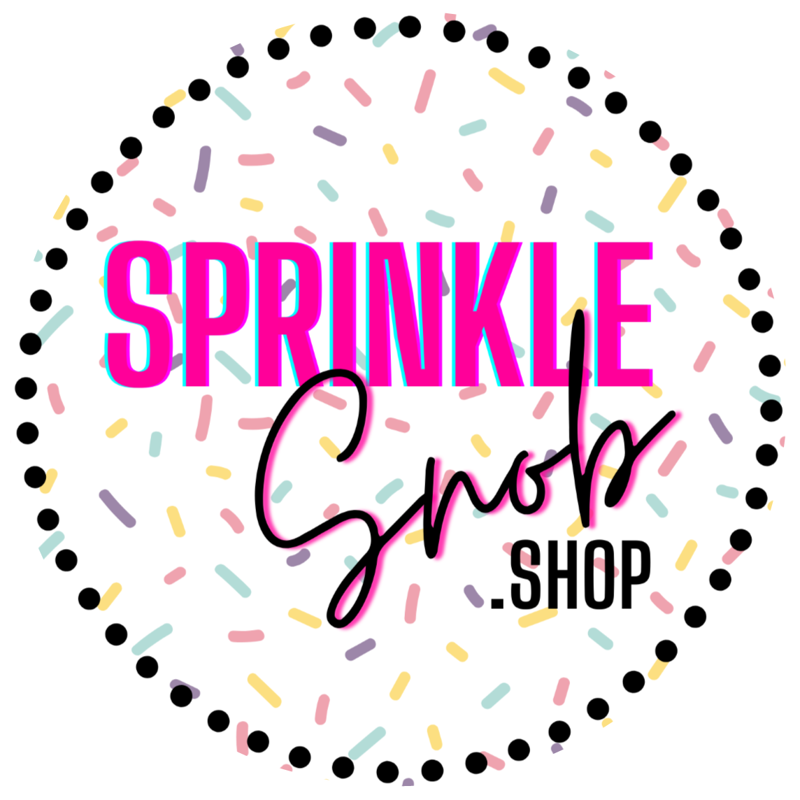 Colorful logo for 'SprinkleSnob dot Shop' with pink, blue, black, and white text, surrounded by multicolored sprinkles and a dotted border.