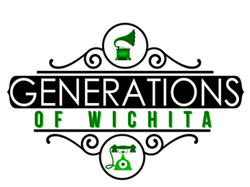 Logo for 'Generations of Wichita' with a vintage theme, featuring a gramophone and a rotary telephone in green, black, and white.
