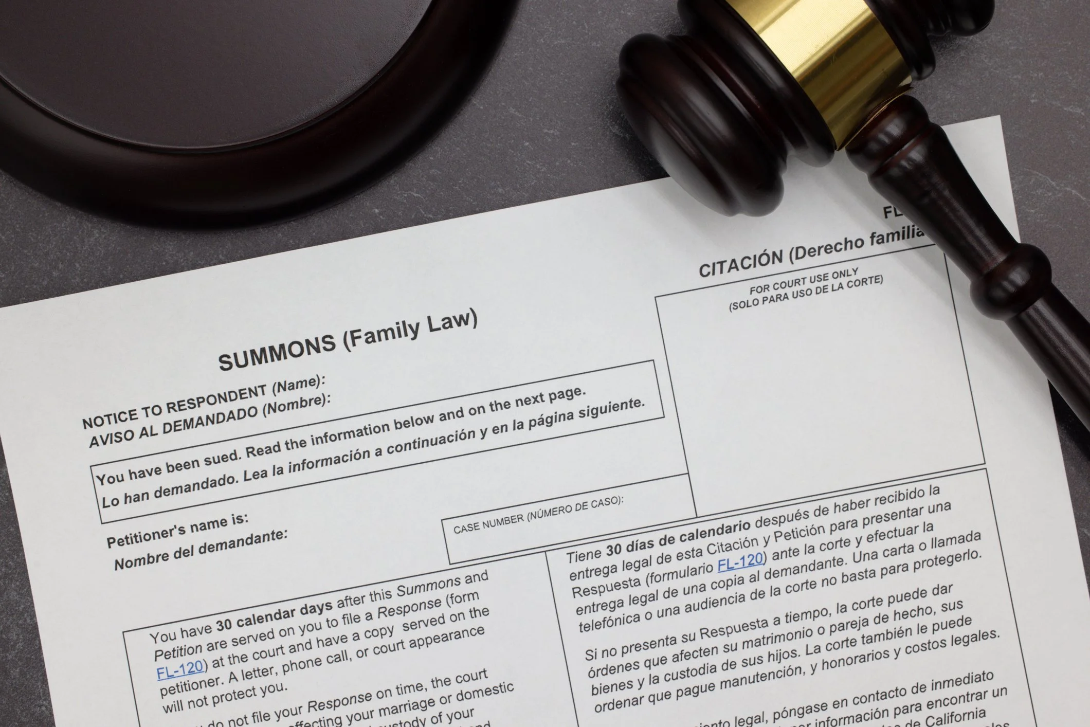 Legal document titled 'SUMMONS (Family Law)' with a gavel and a mirror placed on top.