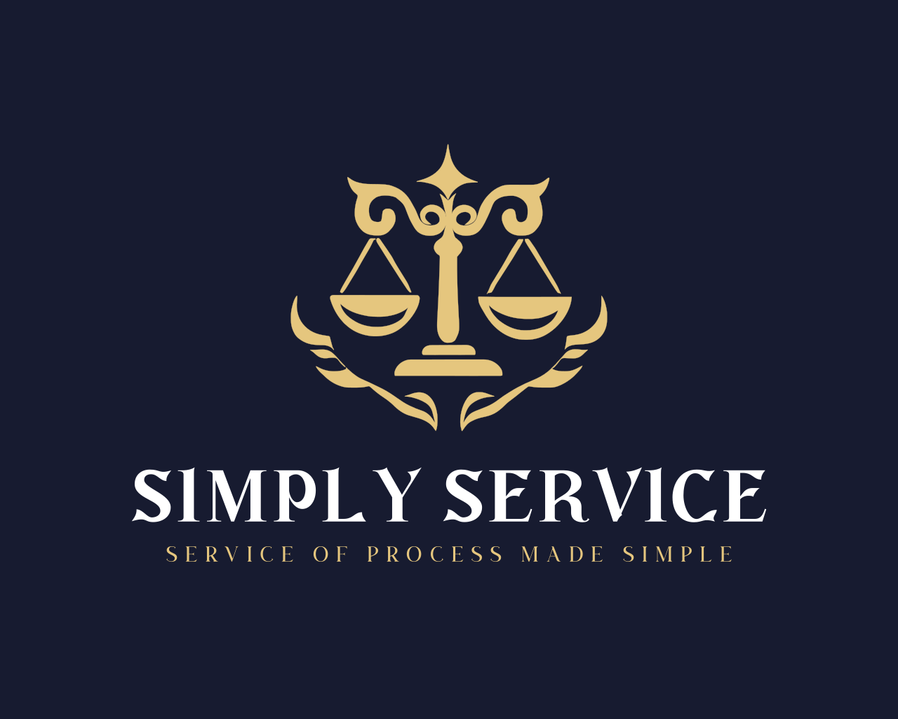Logo for Simply Service featuring a gold scales of justice symbol and the tagline 'Service of Process Made Simple' on a dark background.