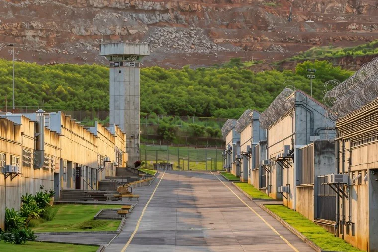 View of a prison yard with cell blocks on either side, watchtower in the background, and mountainous terrain behind