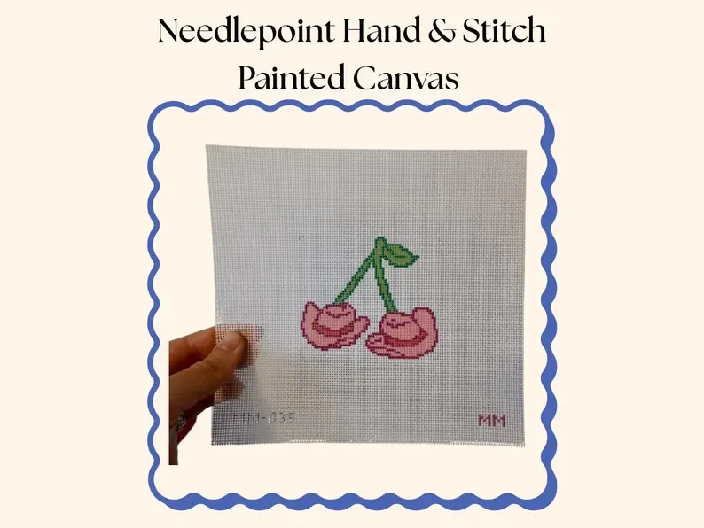 Maddie Moo - Pink Cowboy Hat Cherries Needlepoint Canvas | Western Needlepoint | 18 Mesh Hand-Painted Canvas | 4” Round