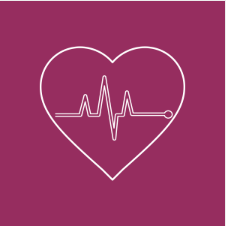 Pink background with a white outline of a heart enclosing a heart rate line.