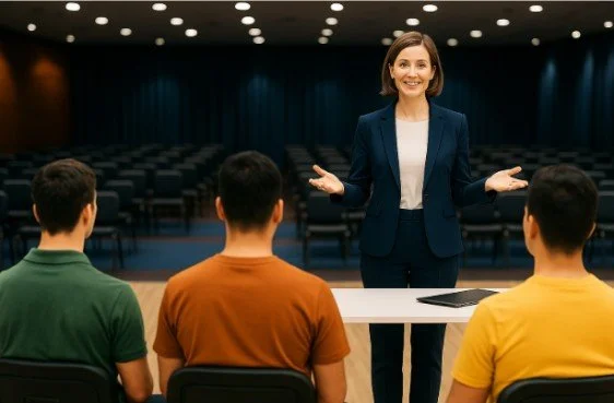 Woman leading a meeting with three men seated at a desk listening attentively.