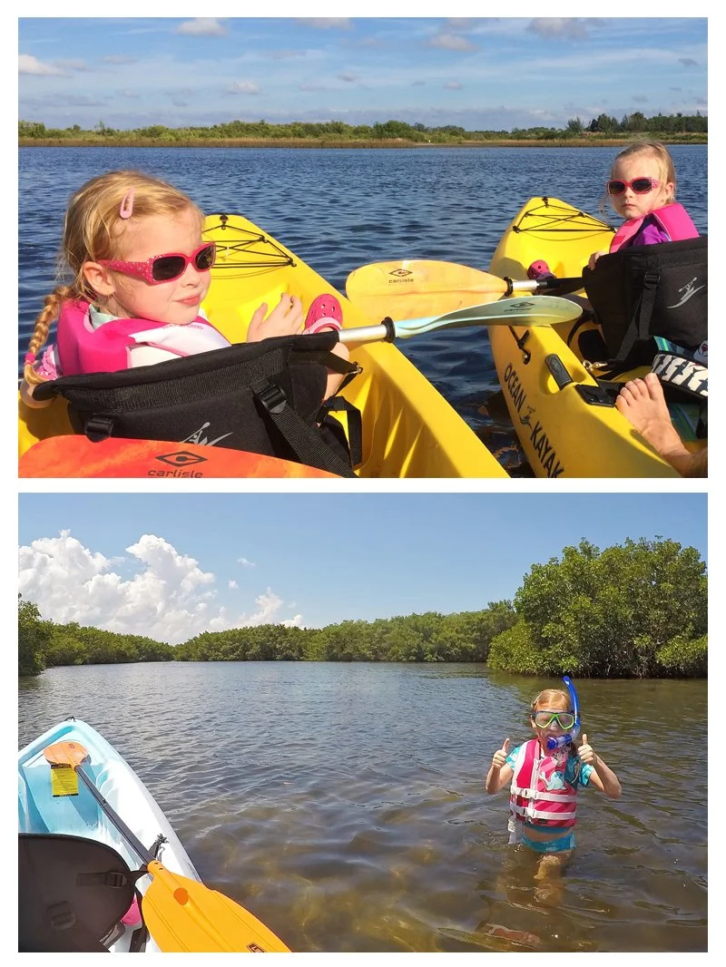 Split image of two young girls in a kayak on the top and a young girl wearing a mask and snorkel on the bottom