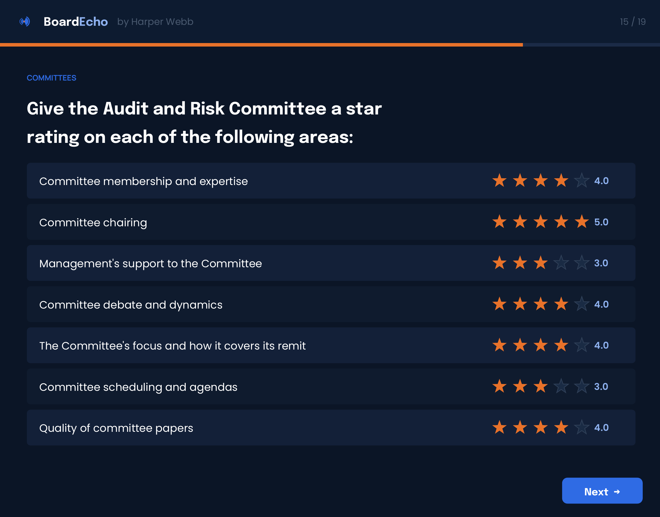 A digital interface displaying a survey form for rating a committee across various areas, with star ratings and numerical scores, and navigation button labeled 'Next'.