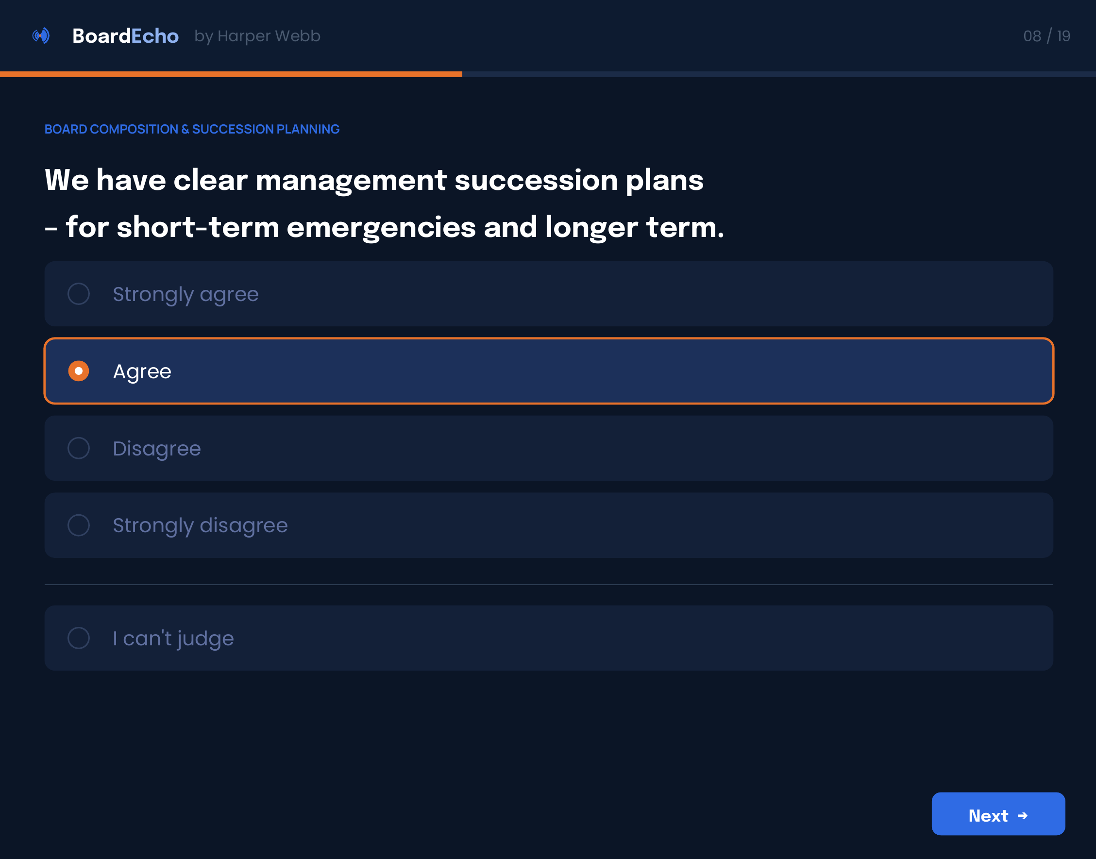 A screenshot of an online survey question asking the respondent to indicate their agreement level with the statement about management succession plans, with options ranging from 'Strongly agree' to 'I can't judge' and a 'Next' button at the bottom.