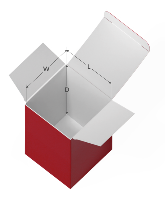 A red and white cardboard box with flaps open, showing measurements labeled L, W, D, and a slanted open flap.