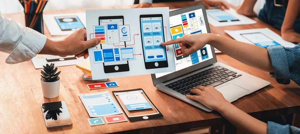 People collaborating on a mobile app design, reviewing wireframes and prototypes on printouts, laptops, and smartphones on a wooden table.