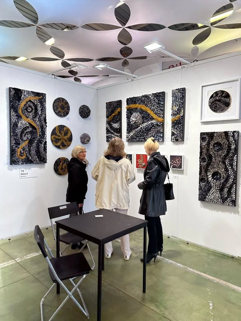 Blue and white contemporary sheashell designs, gold natural fibers, corals, sustainable art