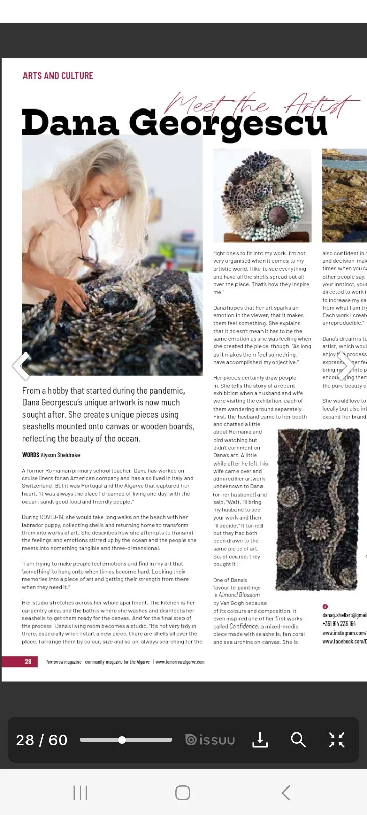 Dana Shell Art in the studio, article about the artist,woman touching shells 