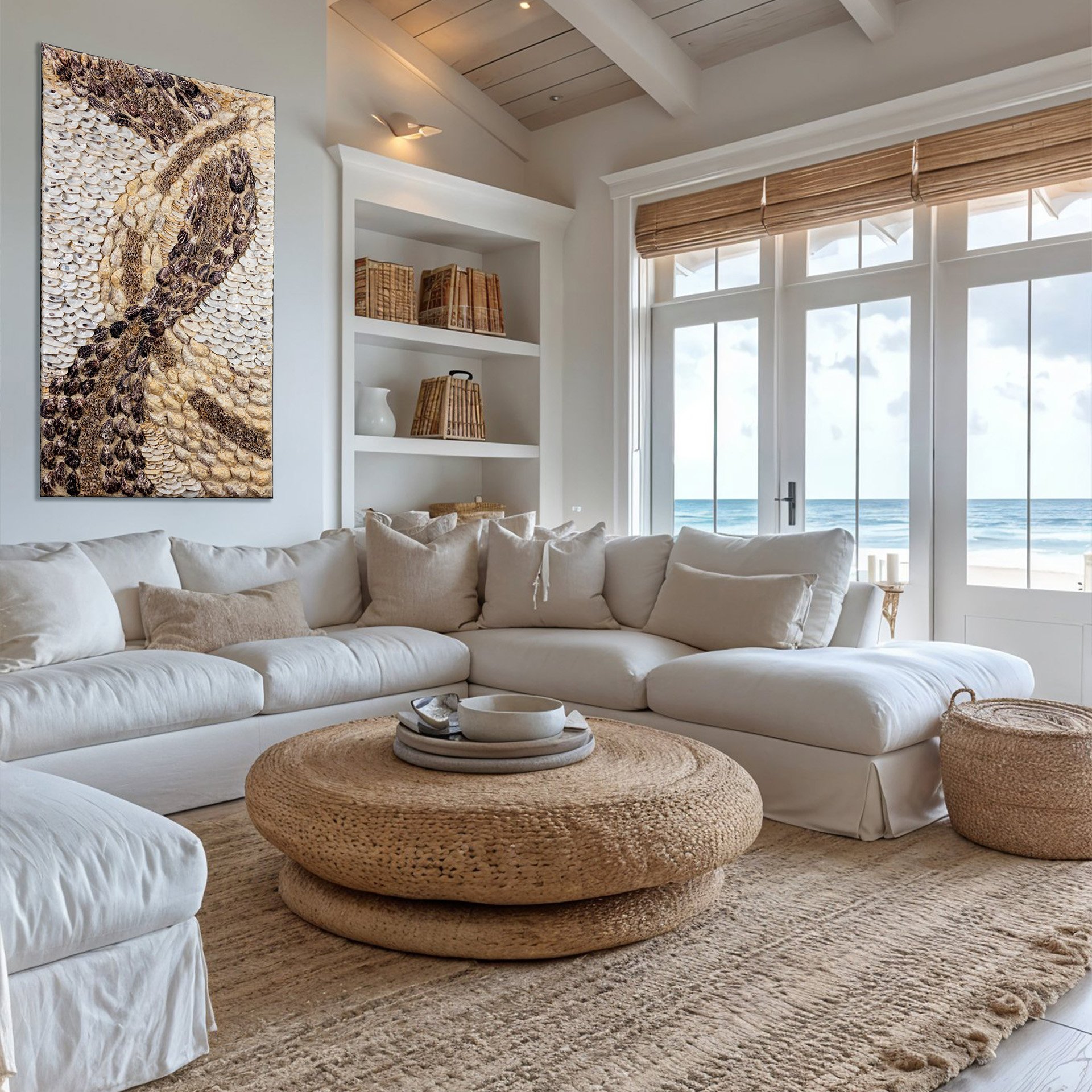 large oyster shells,coastal modern decor,wood and linen