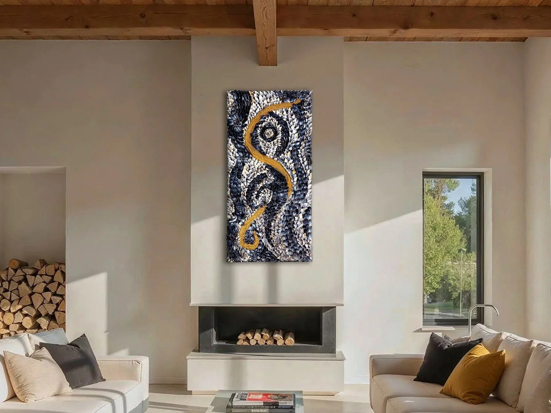 Living room with beige sofas, pillows, a fireplace, a tall abstract art piece of a woman silhouette,made of dark blue mussels and gold net  on the wall, logs in the fireplace, large window with a view of trees, and wood ceiling beams.