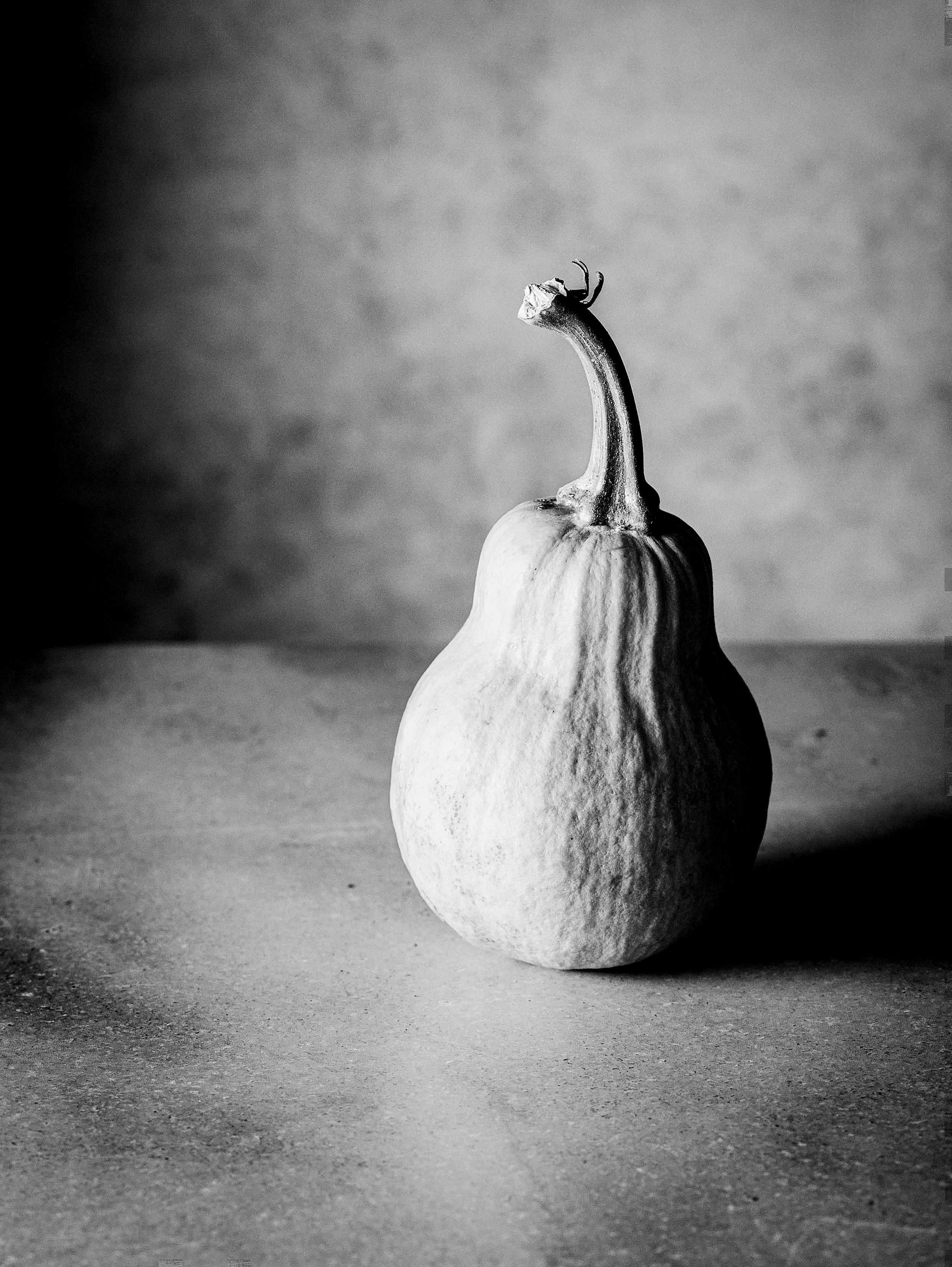 Black and white photo of a gourd with a long, curved stem on a textured surface with a plain background.