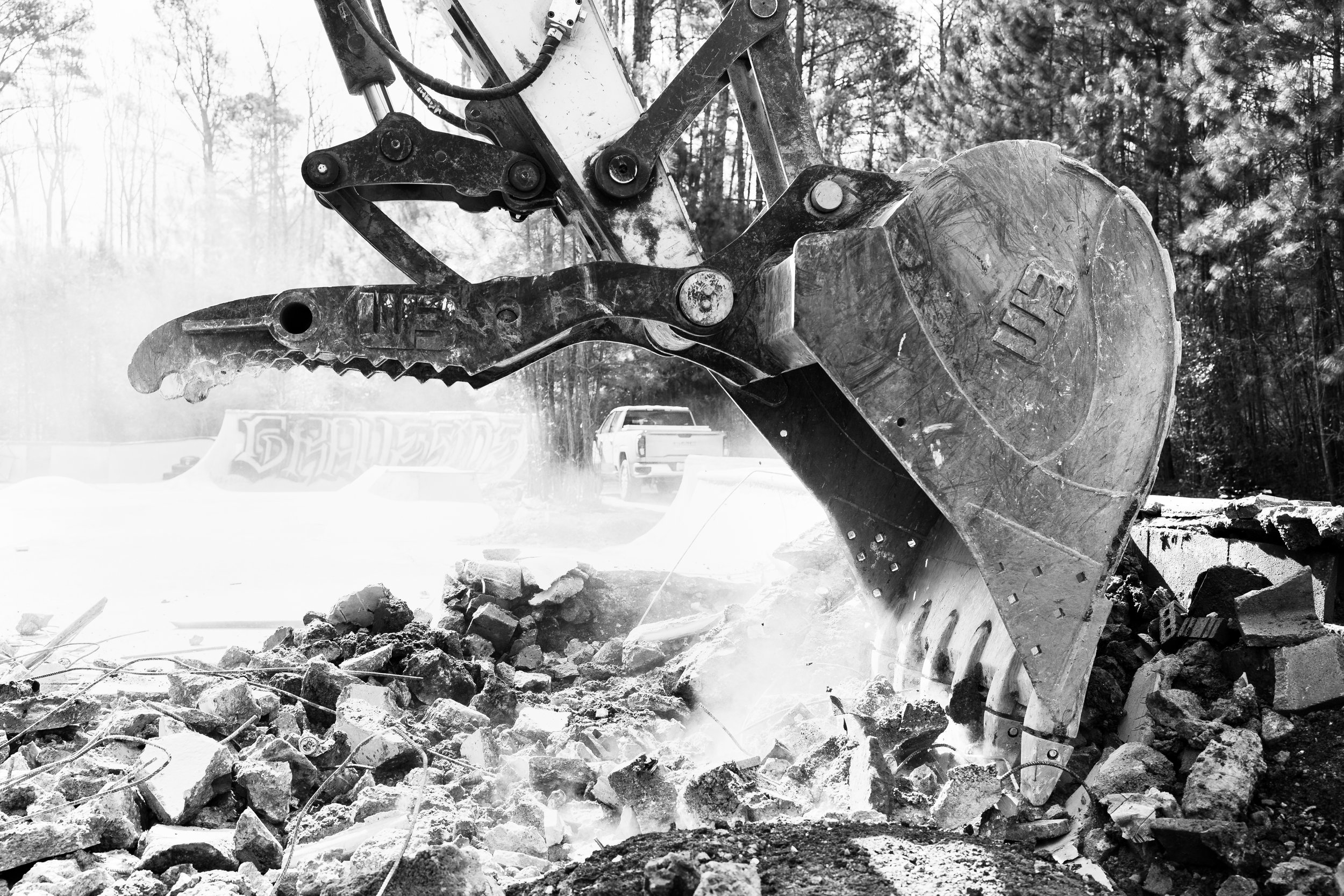 The excavator smashes the A-frame quarter on February 25, 2025 during the park's destruction. It took a crew of three people an entire week to demolish.