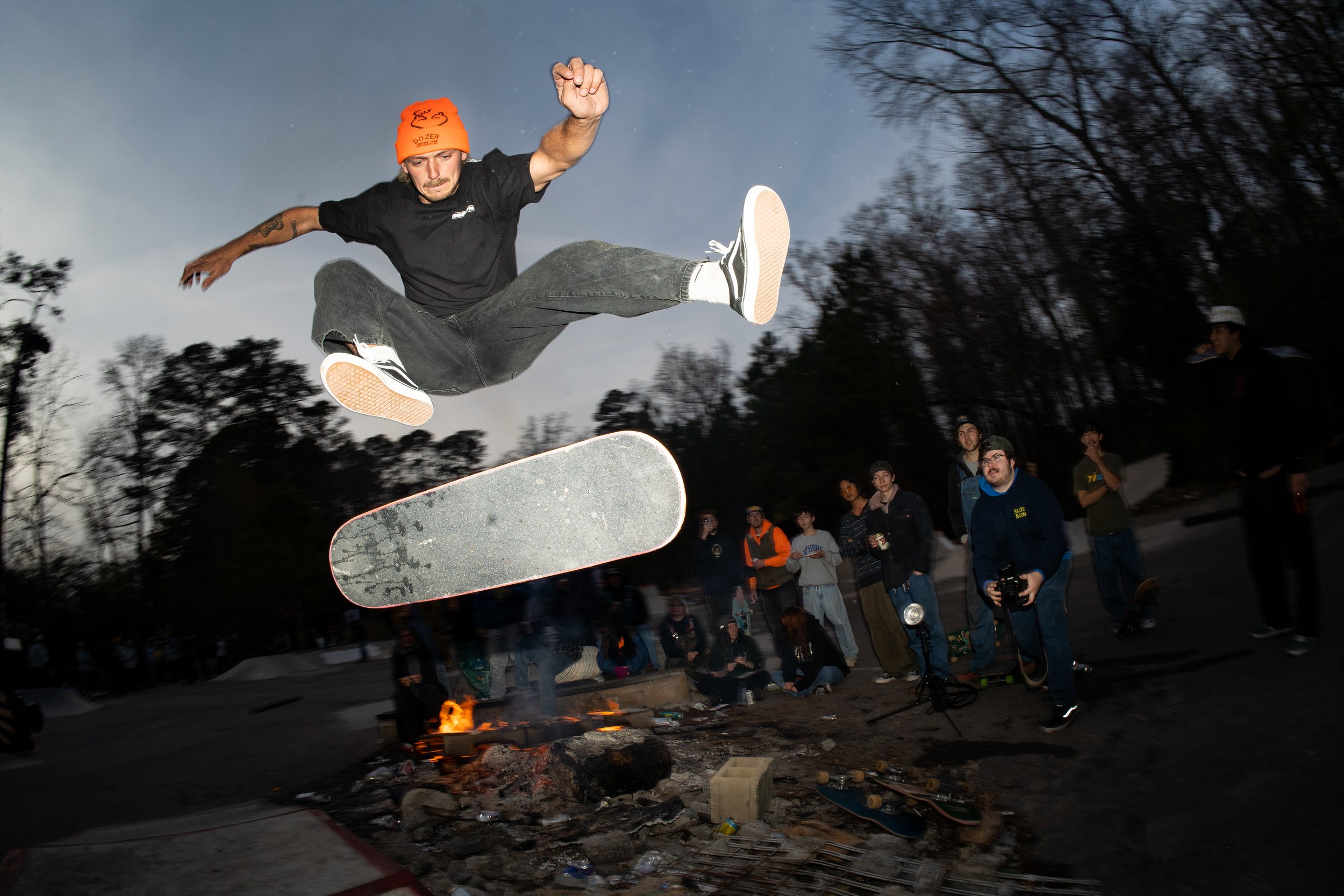 Cam Shaffer kickflips the fire-pit at Graveside during the end-of-life bash December 17, 2024.