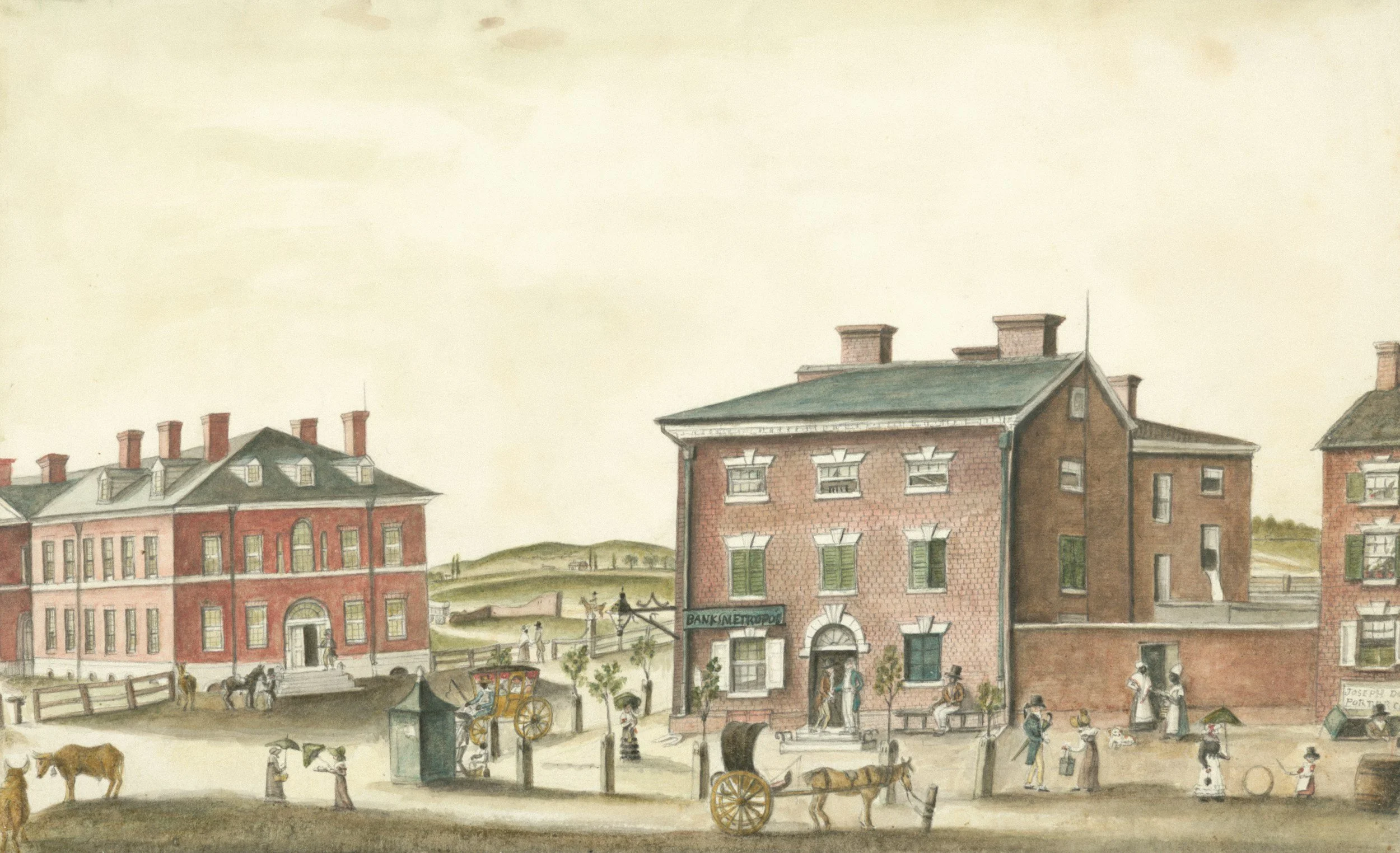A historical painting of a small town with brick buildings, horse-drawn carriages, and pedestrians, featuring a bank and a post office, set in a rural landscape.