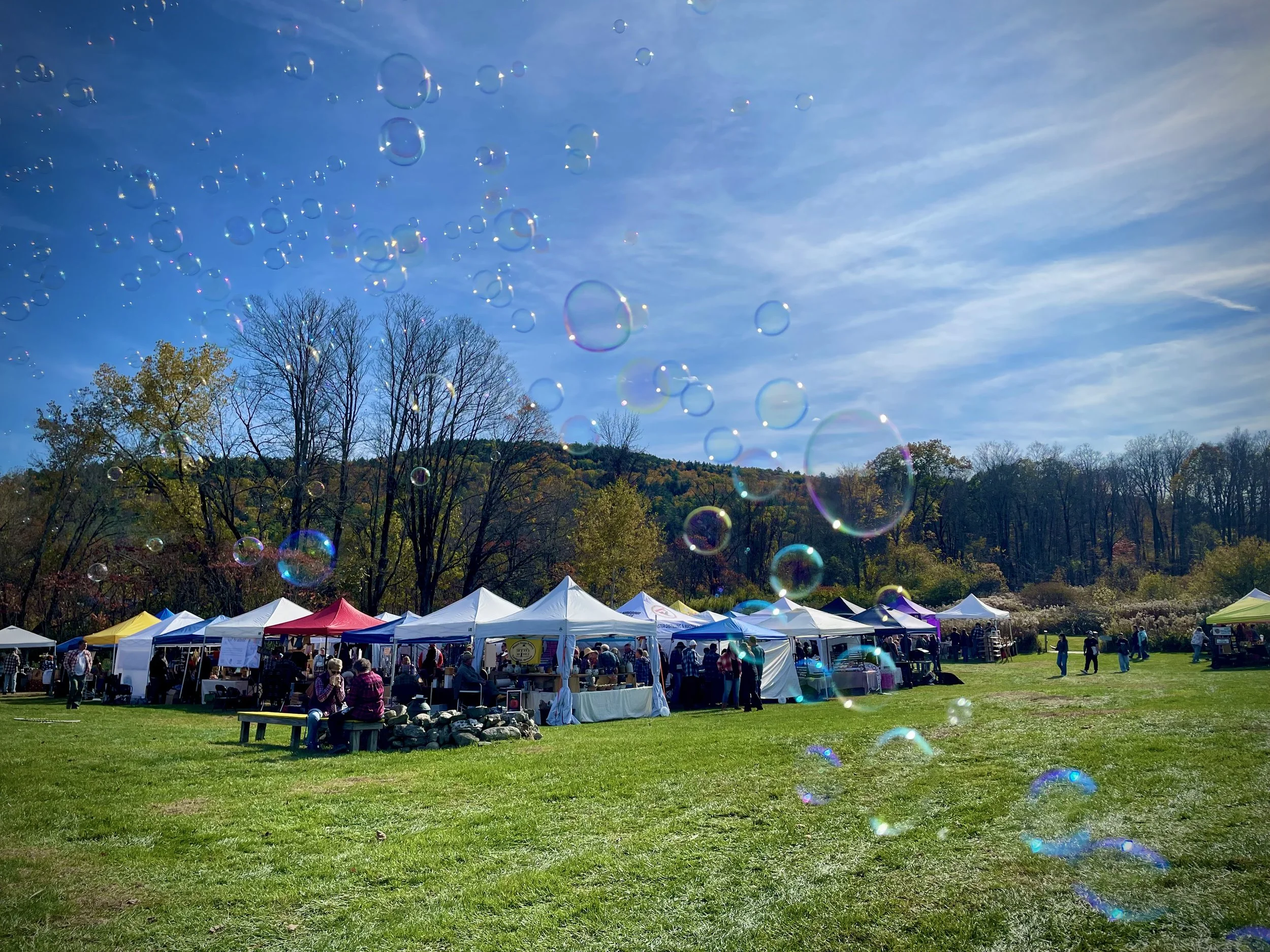 Outdoor market with colorful tents on a grassy field, trees in the background, and soap bubbles floating in the air under a partly cloudy blue sky.