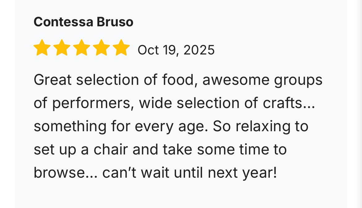 Customer review for Contessa Bruso with five stars, dated October 19, 2025, praising a food event with a wide selection of food, crafts, performers, and activities suitable for all ages.