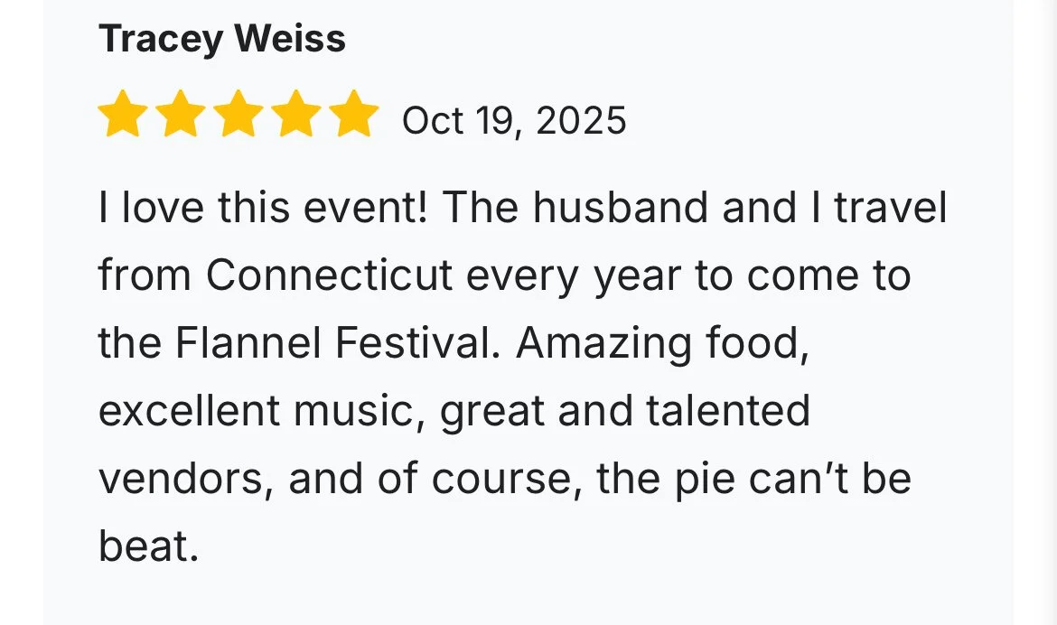 Review for Tracey Weiss dated October 19, 2025, featuring a 5-star rating, praising the event's food, music, vendors, and pie.